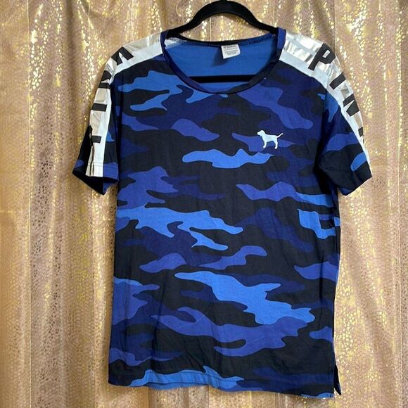 PINK Victoria’s Secret blue and silver camo t-shirt, size XS - Picture 1 of 6